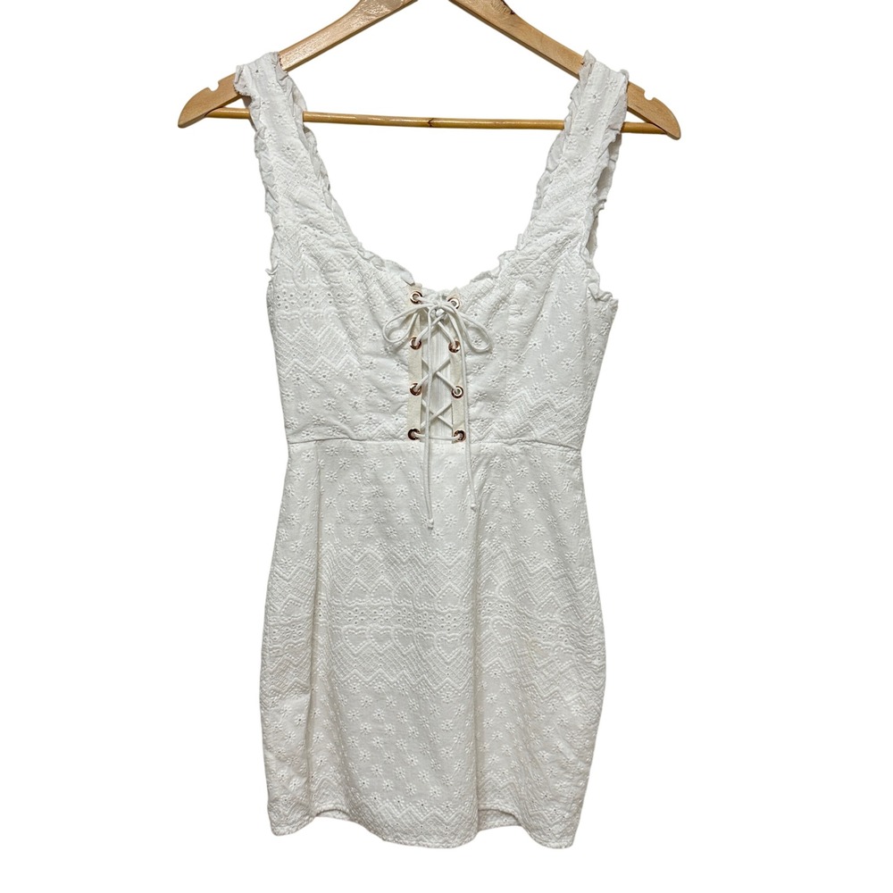 For Love & Lemons Charlotte Eyelet Lace Up Mini‎ Dress Womens XS White Milkmaid - Picture 3 of 13
